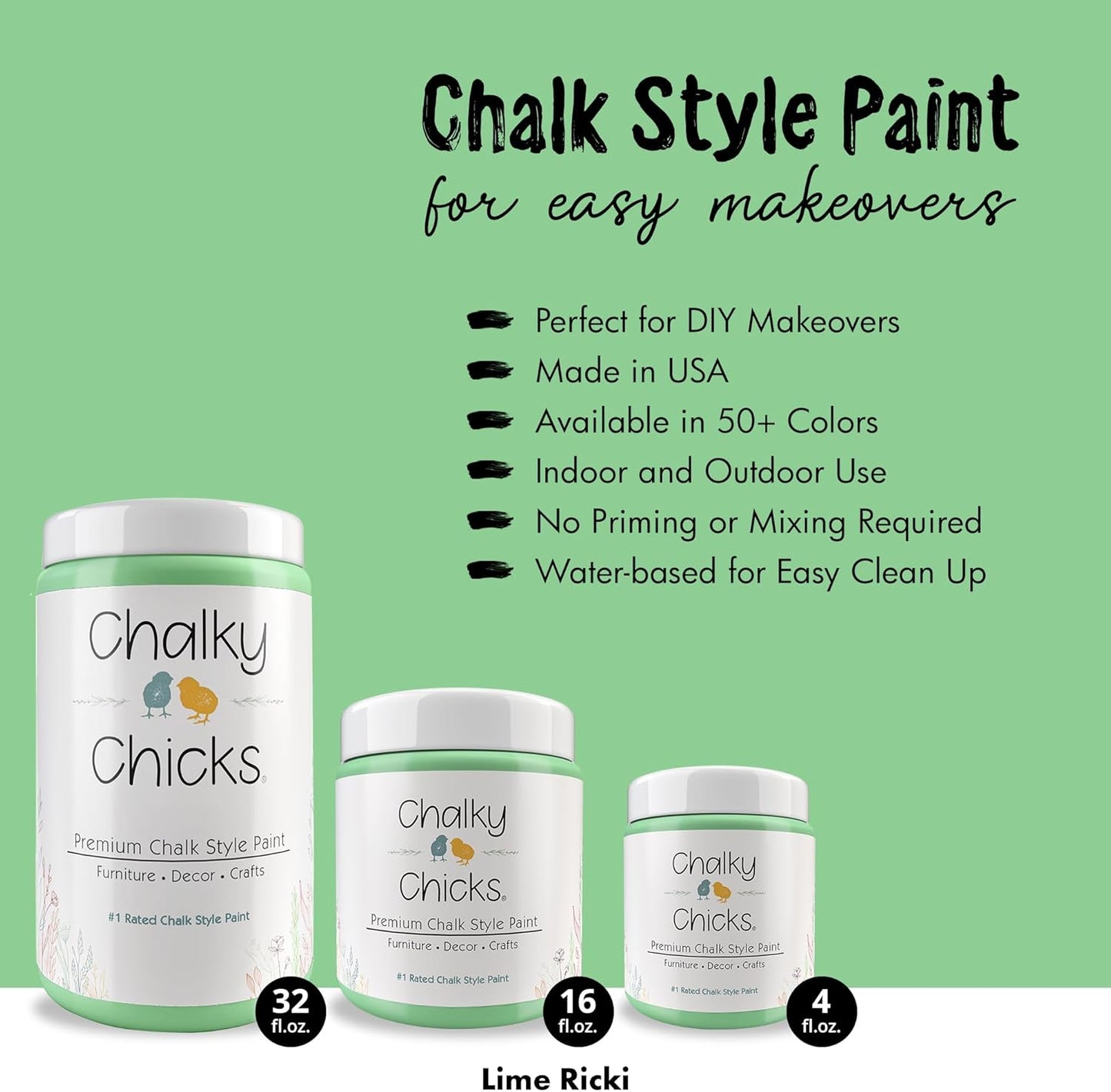 Chalky Chicks All-in-One Chalk Paint for Furniture or Cabinet - 16Fl Oz - Matte Finish Lime Ricki (Lime Green) for Metal, Wood Furniture Paint - No Sanding All-in-One for Home Decor & Crafts, USA Made