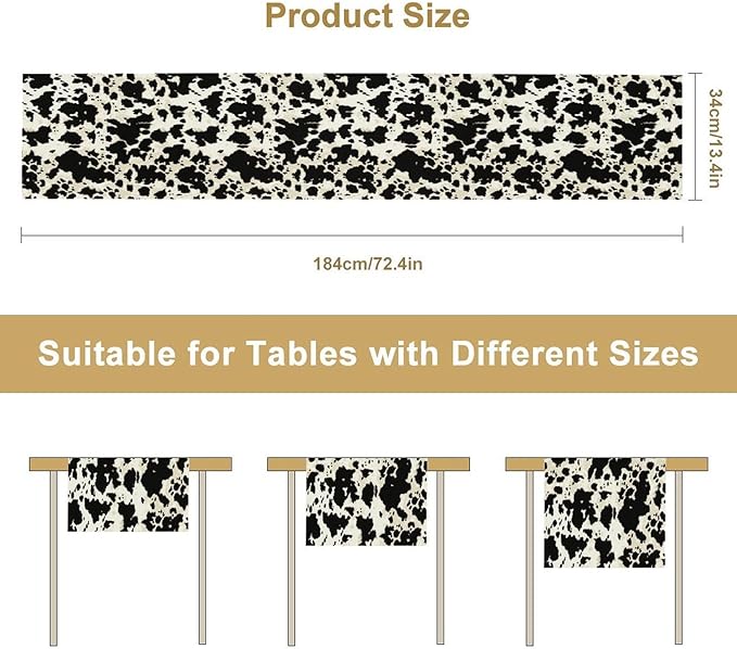 Cow Print Table Runner, Black White Animal Fur Skin Rustic Cowhide Pattern Table Runner for Kitchen Farmhouse Dining Home Outdoor Party 13x60in