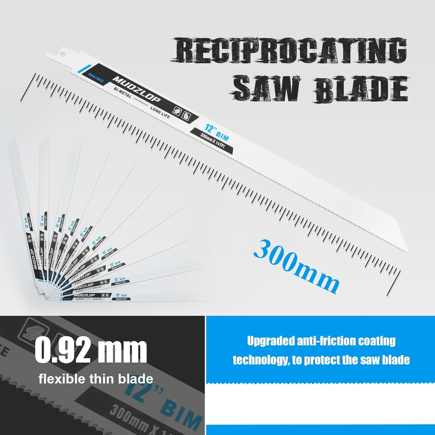 10 Pack 12 inch Reciprocating Saw Blades Set,14TPI High Carbon Saw Blades, Metal Saw Blades with Organizer Case (10, 14TPI/300mm)