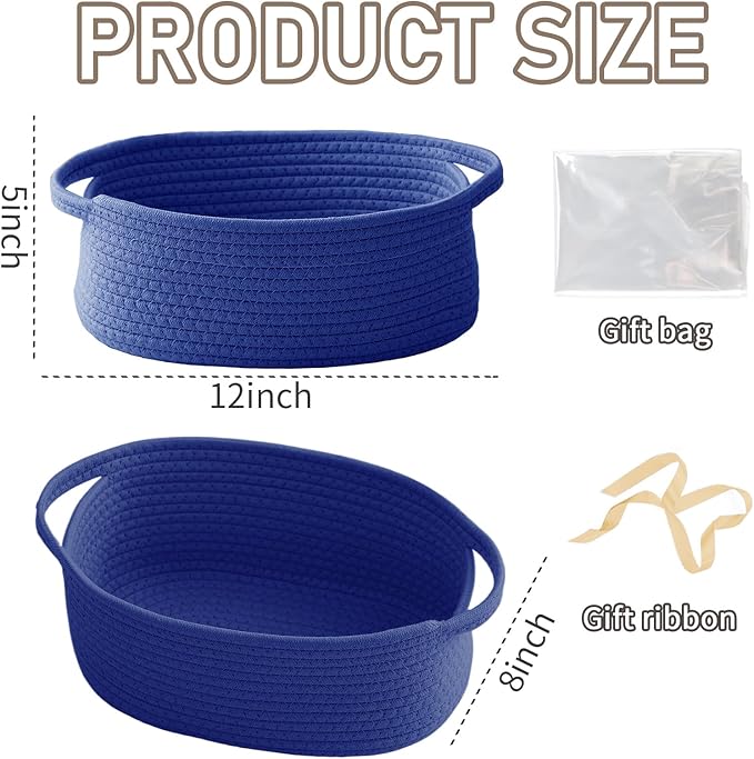 Woven Basket,Small Rope Storage Bin with Handles & Ribbon Bag, Organizer for Shelves Closets,Gift Basket Empty for Birthday,Books,Dog Toys, Navy Blue