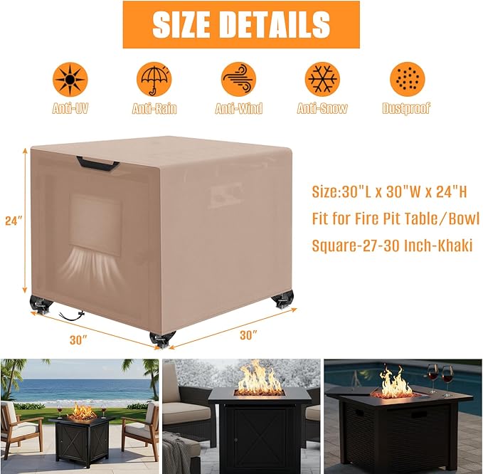 Kovshuiwe Porch Shield Fire Pit Cover Square-600D Fabric Waterproof and Resistant, Fits Outdoor For 27-30 Inch Fire Pit /Table Cover, Gas Fire Pit Cover-30"L x 30"W x 24"H, Khaki