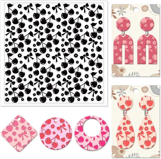 CHGCRAFT Cherry Polymer Clay Texture Sheets Flowers Bow Silicone Texture Stamp Clay Modeling Pattern Pad Texture Sheets for Polymer Clay Making Earrings Jewelry