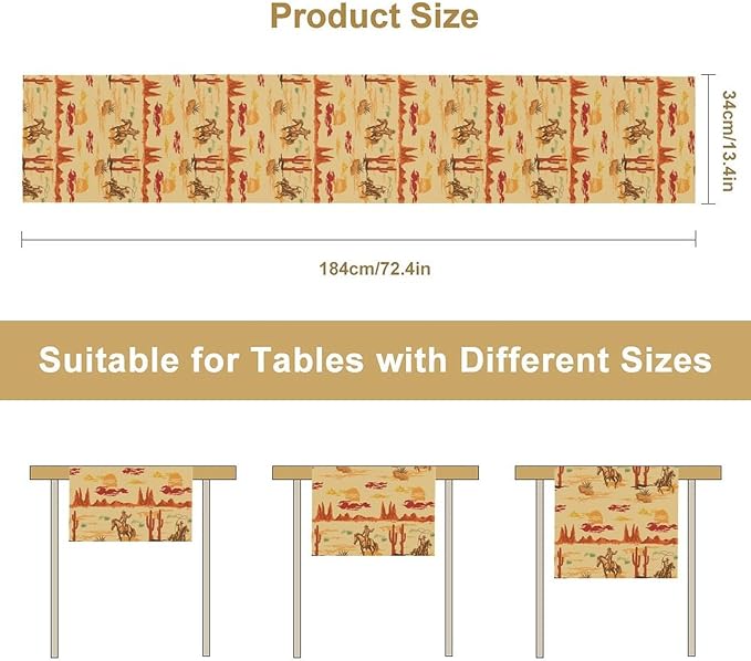 Western Cowboy Table Runner, Wild West Cowboy Ride Horse Desert Cactus Sunset Table Runner for Home Kitchen Dining Party Farmhouse Coffee Outdoor 13x108in