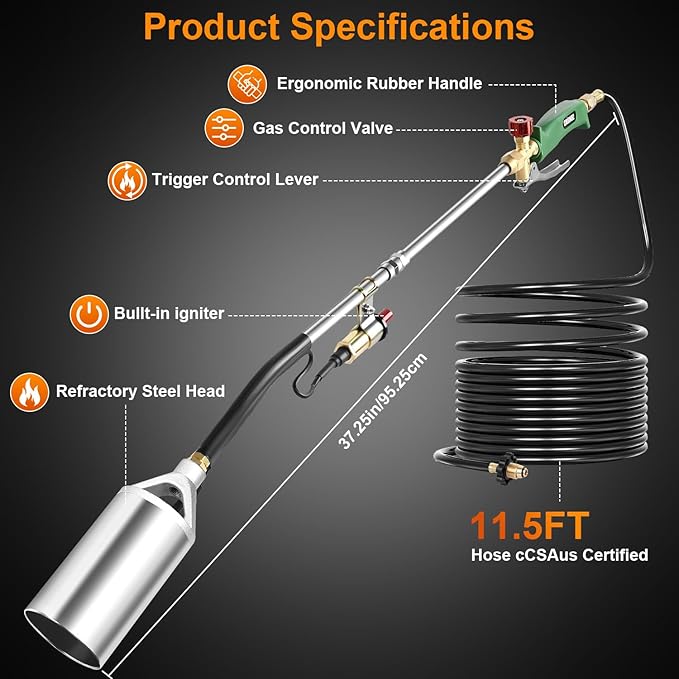 Sondiko Powerful Weed Burner, Propane Torch High Output Weed Torch with 11.5FT Hose, Heavy Duty Blow Torch, Weed Torches for Outside(Propane Tank Not Included)