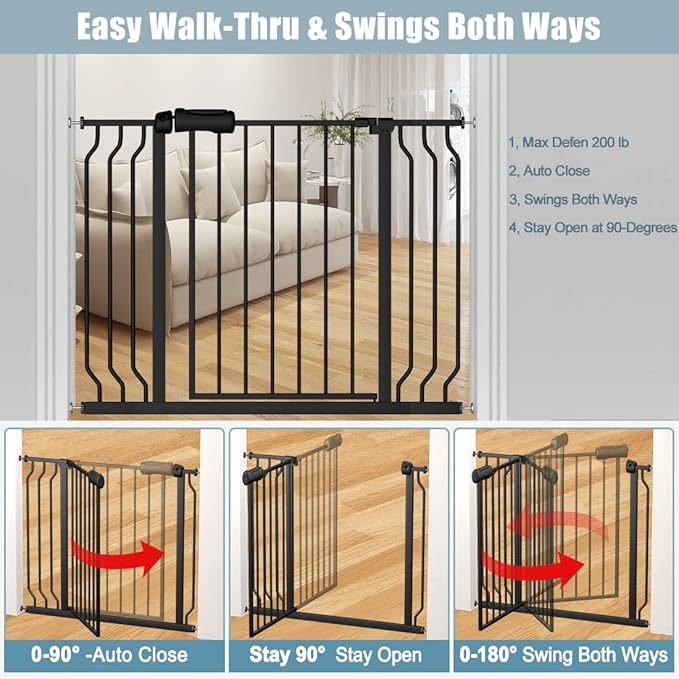 Walk Through Black Baby Gate 43.5-48 Inch Wide, Pressure Mounted Safety with Door No Drill, Tension Metal for Dog Cat and Toddler