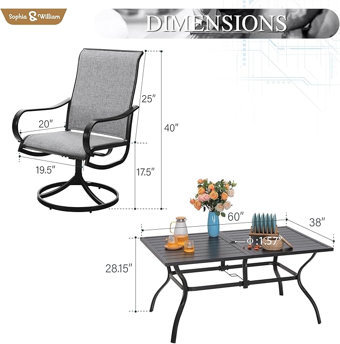 Sophia & William Outdoor Dining Set Patio Dining Set for 6 Outdoor Table and Chairs 7 Pieces Outdoor Patio Set with Swivel Patio Chairs 60"x 38" Metal Table for Garden Pool All Weather Grey