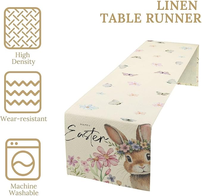Easter Table Runner,Boho Floral Bunny Rabbit Butterflies Pink Blue Spring Easter Table Center Decor for Family Kitchen and Living Room Outdoor Farmhouse Party Table Decorations, 13"x36"