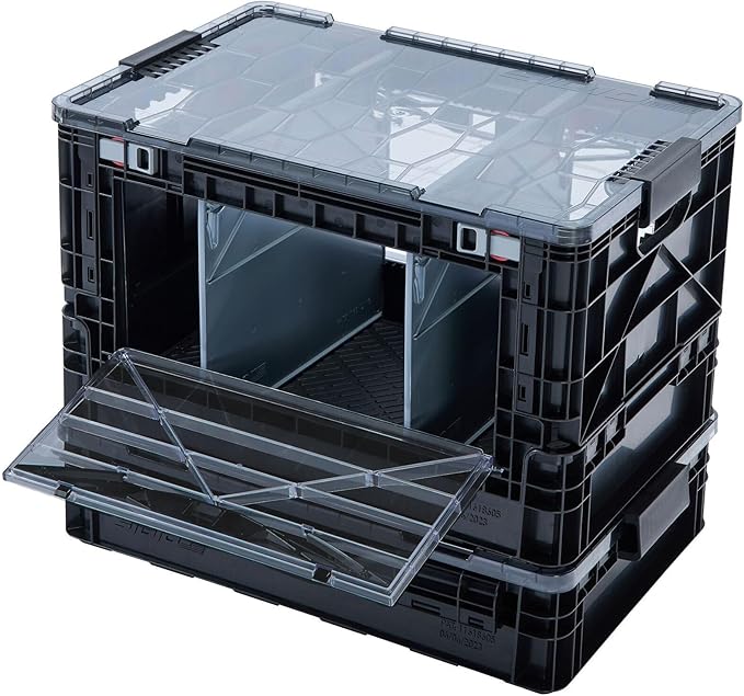 SIDIO Full-Size Collapsible Crate - Heavy Duty Stackable Storage Bin with Lid & 2 Short-Ways Dividers, Durable Plastic Organizer for Home, Office, Garage & Outdoor Use (Smoke)