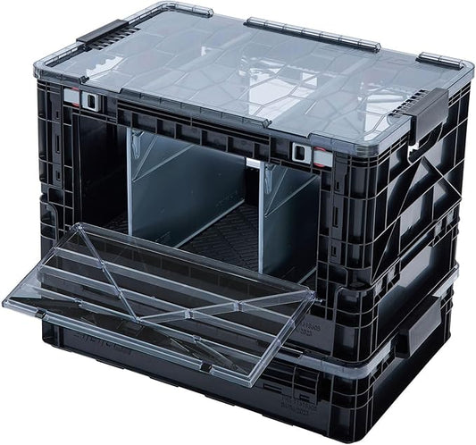 SIDIO Full-Size Collapsible Crate - Heavy Duty Stackable Storage Bin with Lid & 2 Short-Ways Dividers, Durable Plastic Organizer for Home, Office, Garage & Outdoor Use (Smoke)
