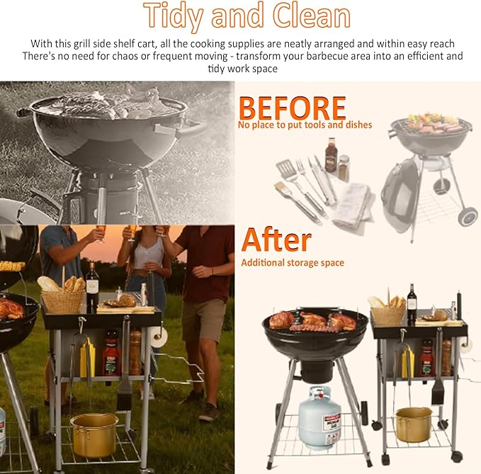 Grill Cart Table Accessories Outdoor Grilling Side Tables for 18"/22" Weber Charcoal Kettle Grills Rolling Prep Stand with Wheels Mesh Storage Racks Perfect for BBQ Camping Home Party