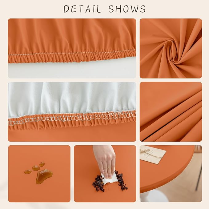 Fall Round Fitted PU Tablecloth with High Elastic Edge 47 Inch Dia Waterproof Oil Proof Table Cloth Anti-Scald Stain-Resistant Wipeable Table Cover for Indoor Outdoor Picnic (Orange,47" Dia)