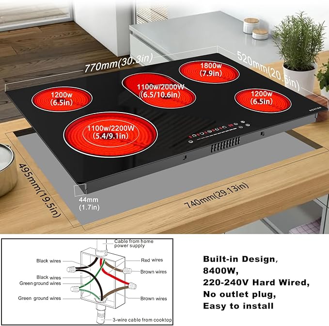 Noxton 30 Inch Electric Cooktop, 8400W 5 Burners Built-in Radiant Electric Stove Top, Slider Control, 9 Power Levels, Child Safety Lock, Timer, 220-240V