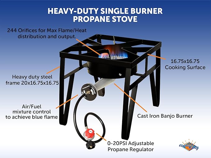 Flame King Heavy Duty 200K BTU, 0-20 PSI, Propane Gas Single Burner Bayou Cooker Outdoor Stove for Home Brewing, Turkey Fry, Maple Syrup Prep, Cajun Cooking, Black