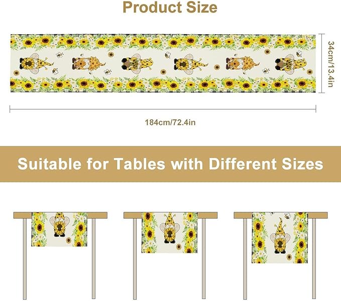Summer Sunflower Gnome Table Runner, Buffalo Plaid Bee Farmhouse Seasonal Table Decoration for Outdoor Home Party Kitchen Dining Holiday 13x36in