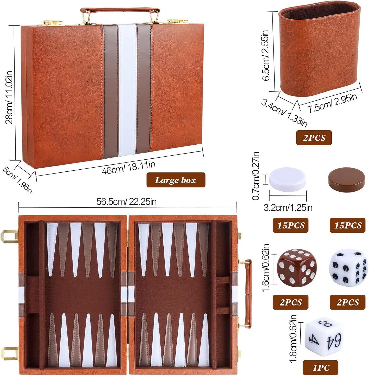 Backgammon Set 2 Players Classic Backgammon Sets for Adults Board Game with PU Leather Case Portable and Travel Backgammon Set (Brown, 18inch)