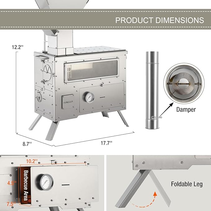 Wood Burning Stove with Oven - Portable Pellet Stove with Chimney Pipes, 304 Stainless Steel Outdoor Hot Tent Camping Stove for Winter, Hunting, Cooking, Hiking,Compatible with Wood/Pellets