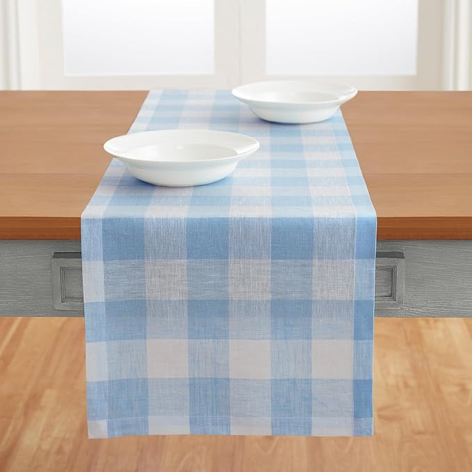 Solino Home Linen Checkered Table Runners 72 Inches Long - 100% Pure Linen Blue Bell Buffalo Check Table Runner 14 x 72 Inch Ideal for Dresser, Dining, Spring, Easter, Winter