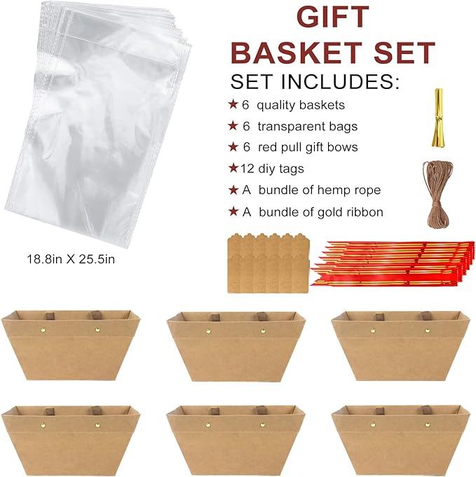 Bigger Baskets for Gifts Empty, 6 Pack Sturdy Kraft Basket With Handles Gift Basket Kit, 6 Shrink Wrap Bags, 6 Bows and Hang Tag, Empty Gift Baskets to Fill for Valentines Birthday Baby Shower