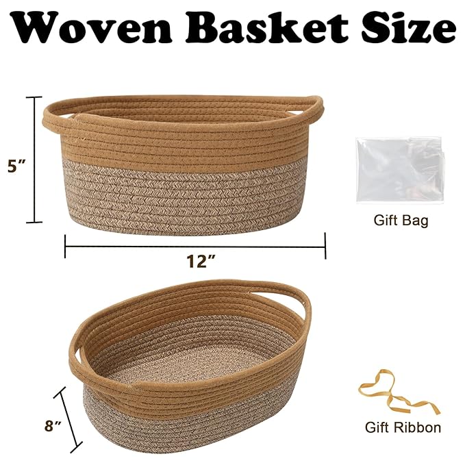 Gift Basket with Gift Bag and Ribbons,Small Rope Woven Shelf Storage,Baskets for Gifts Empty,Birthday,Baby Shower,Decorative Organizer Box with Handles(Jute&Mixed Brown)