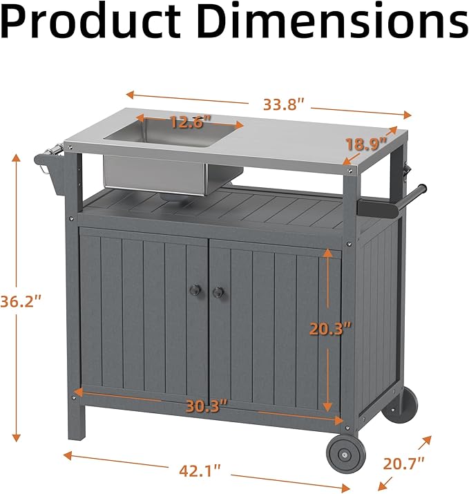 TORVA All in One Outdoor Grill Cart with Sink,Cabinet and Cover, 42 inch Freestanding Modular Kitchen Sink Station in 304 Stainless Steel&HDPE, All Weather Use BBQ Table, Grey