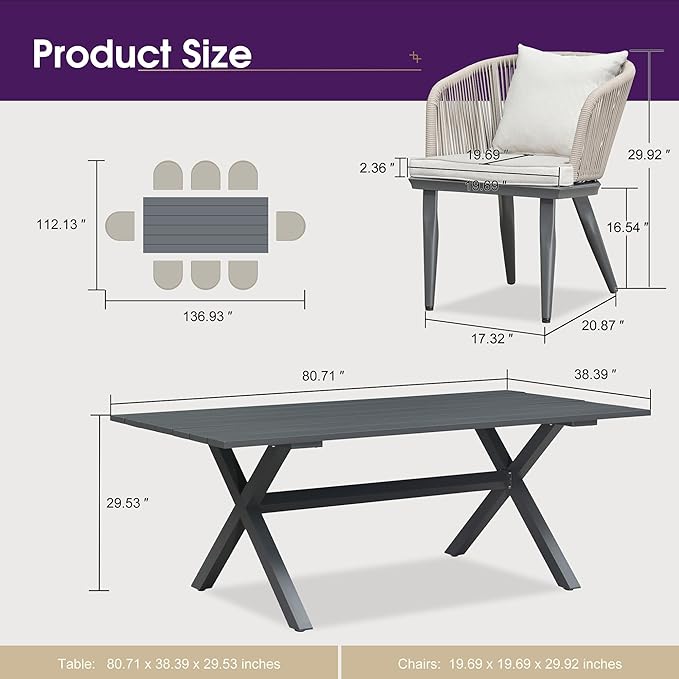 PURPLE LEAF 9 Pieces Patio Dining Set Wicker Outdoor Furniture Rectangular Table and Chairs Set for Garden Deck Aluminum Frame Backyard Kitchen Set, Cushions and Pillows Included Taupe