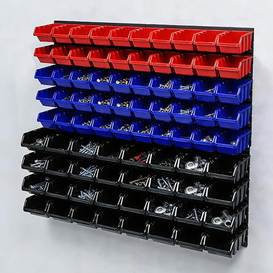 94 Pcs Wall Mounted Storage Bins, Garage Organizer System with Black, Blue, Red Plastic Bins, ABS Material, 30.7 x 30.7 x 5.9 Inch, for Nuts and Bolts Storage