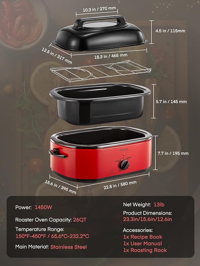 FOHERE 26QT Electric Roaster Oven with Visible & Self-Basting Lid, Large Turkey Roaster with Defrost & Warm Function, Adjustable Temperature Control, Removable Stainless Steel Pan & Rack, Red