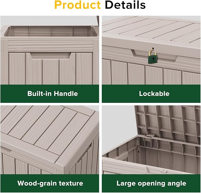 45 Gallon Resin Deck Box, Waterproof Outdoor Storage Box for Patio, Poolside, and Garden, Lockable UV-Resistant Storage Bin Bench Cabinet for Small Spaces, Grey