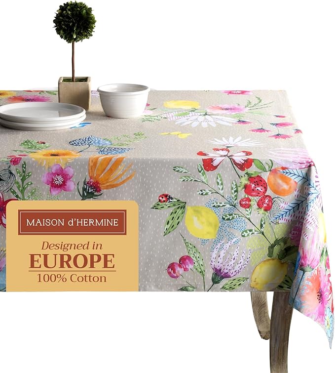 Maison d' Hermine Table Cloth Rectangle Table 100% Cotton 70 x 108 Inches Tablecloth Reusable Decorative for Dining Room, Farmhouse, Home, Party, Festive & Wedding Spring Summer - Jardin D'Ete - Fog