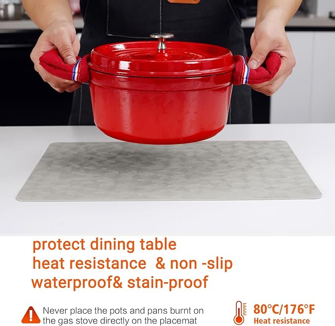 Vinyl Placemats Set of 4 Heat Resistant Easy Clean Non-Slip Place Mats for Dining Table. Faux Leather Waterproof Stain Resistant Wipeable Washable PU Table Mats(4, Light Gray)