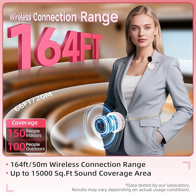 Moman Wireless Voice Amplifier with Lavalier Mic, 20H Battery 164ft Range Sensitive Pickup Noise Reduction PA System Bluetooth Portable Magnetic Charging Dock, Amplifier for Teacher Yoga Tour, Pink