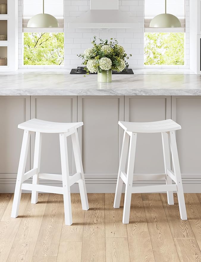 Weatherproof Bar Stools Set of 2, 28" Height Outdoor Bar Stools Holds up to 400 lbs, Saddle Seat, Bar Height Stools for Patio, Garden, and Kitchen Island, White