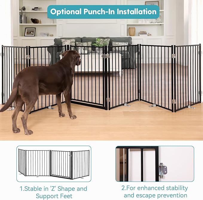 No Pawblems Free Standing Dog Gate with Door, 30'' Tall Foldable Dog Fence for Indoor & Outdoor, Up to 156 Inch Extra Wide Puppy Gate for Stairs, Hallways, Doorways, Deck, Yard (Black, 6 Panels)