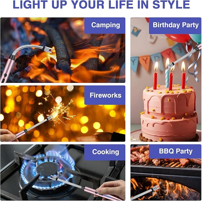2 PCS Candle Lighter, Electric Lighter Arc Windproof Flameless with 360° Flexible Neck & LED Power Display, Lighters for Candle for BBQ, Grill, Camping, Fireplace, Stove(Pink)