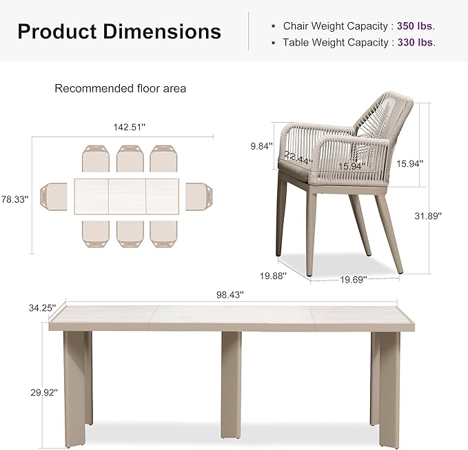 PURPLE LEAF 9 Pieces Patio Dining Set Aluminum Modern Rectangular Table and Rattan Arm Chairs with Cushions for Kitchen Porch Garden Outdoor Furniture Sets, Champagne