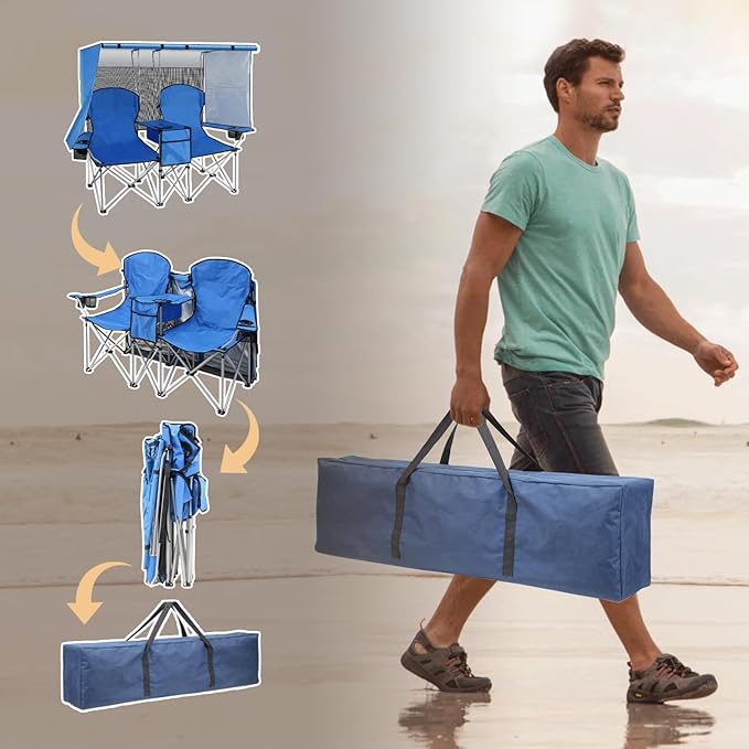 BESTHLS Double Camping Chair with Canopy Shade - Heavy Duty 600D Outdoor Loveseat for Adults, 2-Person Beach Chair with Umbrella, Folding Camp Loveseat for Fishing, Sports, Patio (Blue)