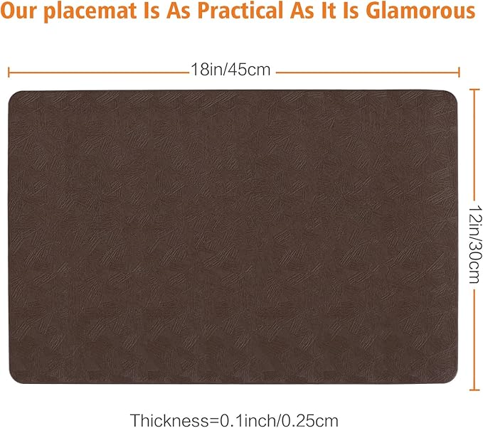 Vinyl Placemats Set of 6 Heat Resistant Easy Clean Non-Slip Place Mats for Dining Table. Faux Leather Waterproof Stain Resistant Wipeable Washable PU Table Mats(6, Brown)