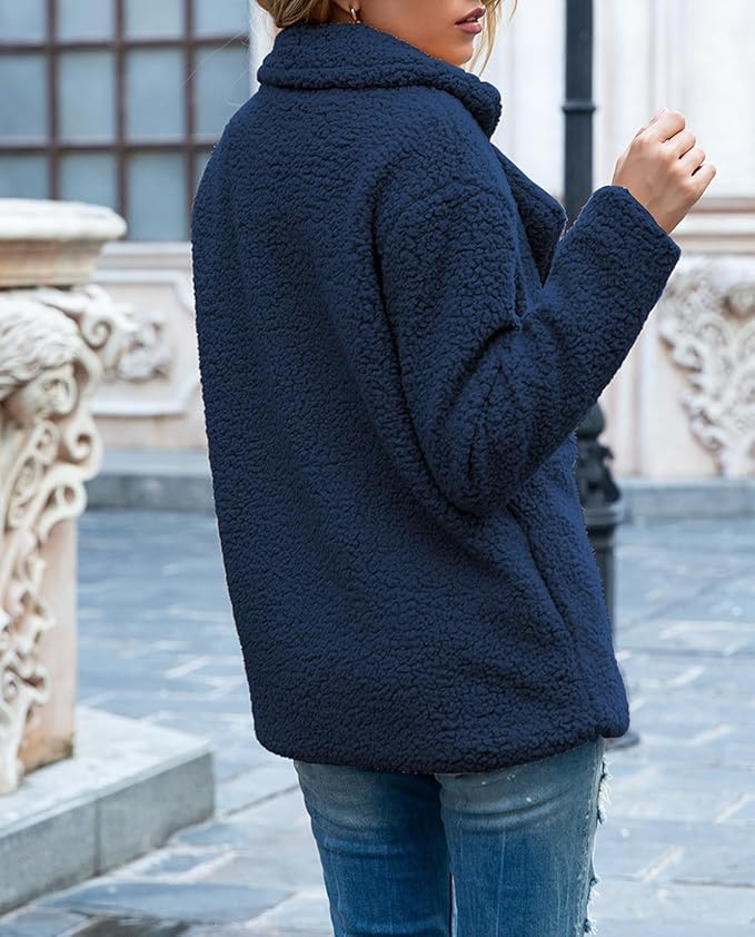 Women's Winter Warm Plush Cardigan Fuzzy Fleece Lapel Jacket with Buttons Pockets Long Sleeve Casual Outerwear