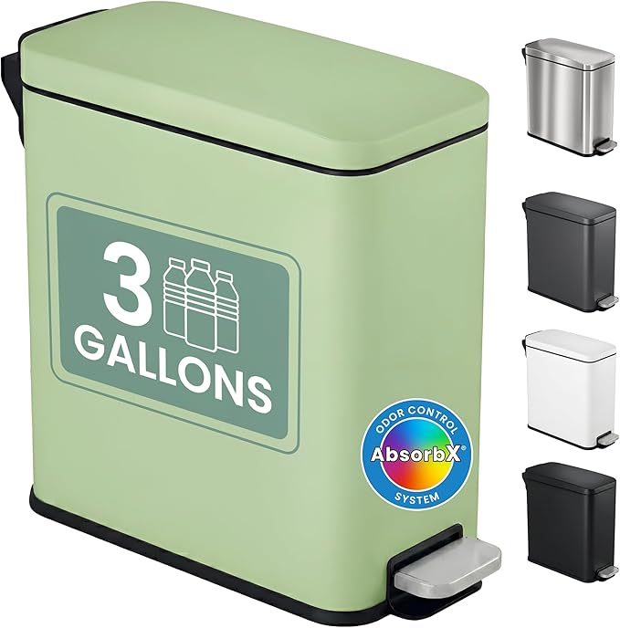 iTouchless SoftStep 3 Gallon (11.4L) Slim Bathroom Trash Can with Lid, Pastel Green Stainless Steel Fingerprint-Proof, Silent Soft-Close Pedal, AbsorbX Odor Filter Removable Bucket Dorm Bedroom Office