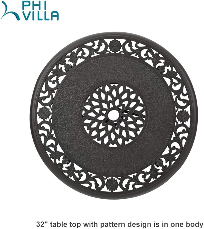 PHI VILLA 32 in Cast Aluminum Patio Outdoor Bistro Round Dining Table with Frosted Surface