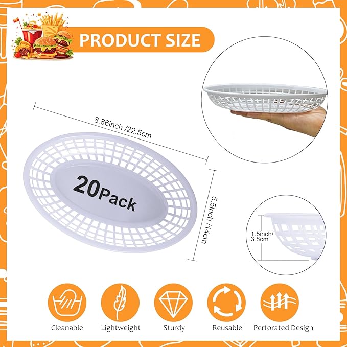 20 Pack Plastic Fast Food Baskets, 8.8" × 5.5" Small Oval Restaurant Serving Baskets Tray for Burgers, Sandwiches, Hot Dogs, Parties, Food Trucks, Reusable or Disposable, Stackable(White)