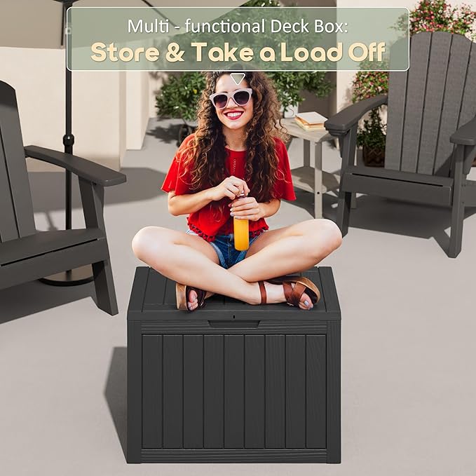 NUNU LAB Outdoor Storage Box, 45 Gallon Outside Deck Box Waterproof, Resin Outdoor Storage Cabinet With Lockable Lid, Backyard Storage Bench For Garden Tools, Patio Cushions, Pool Tools, Black