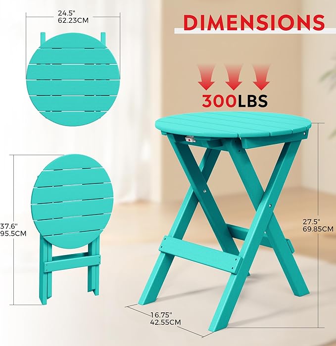 Costaelm Paradise HDPE Outdoor 24.5 Inch Round Portable Folding Patio Dining Table, Turquoise