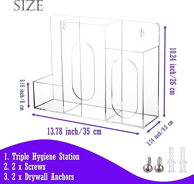 Acrylic Hygiene Dispenser Station with 3 Compartments - Triple Sanitation Station Holder Dispenser for Face Masks, Gloves Box, Hand Sanitizer, Hairnets, Tissues- Wall Mount or Tabletop