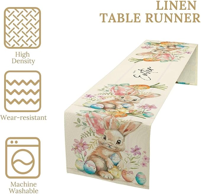 Easter Bunny Table Runner,Rustic Watercolor Bunnies Easter Eggs Carrots Floral Seasonal Table Center Decor for Family Kitchen Living Room Outdoor Farmhouse Party Table Decorations, 13"x90"