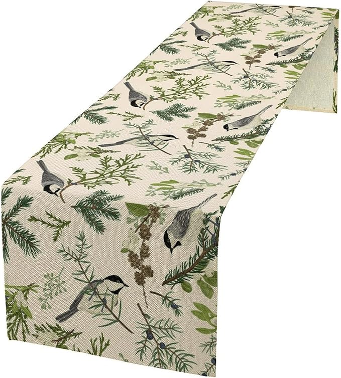 Bird Spring Table Runner,Vintage Watercolor Perching Birds Green Pine Branches Table Runner for Kitchen Dining Table Holiday Indoor Outdoor Home Party Decor 13x70in