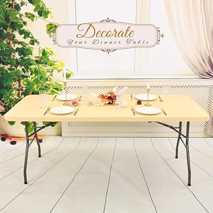 6 Pack Stretch Fabric Table Top Cap Cover, Beige Table Covers fits 8Ft Tables, Washable Elastic Universal Rectangle Tablecloth Protector for Indoor Outdoor Party Picnic Wedding (30" W x 96" L)