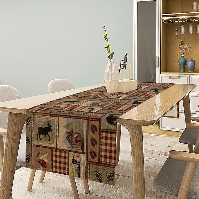 Rustic Deer Bear Table Runner, Vintage Bear Country Cabin Farmhouse Table Runner for Home Kitchen Dining Table Decoration 13x90in