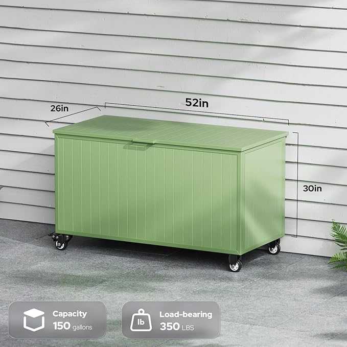 Outdoor Storage Box with Wheels 150 Gallon, Metal Deck Boxes Outdoor Waterproof, Patio Storage Box for Home/Backyard/Pool Chemicals/Toys/Garden Tools/Porch/Patio Cushions (Green)