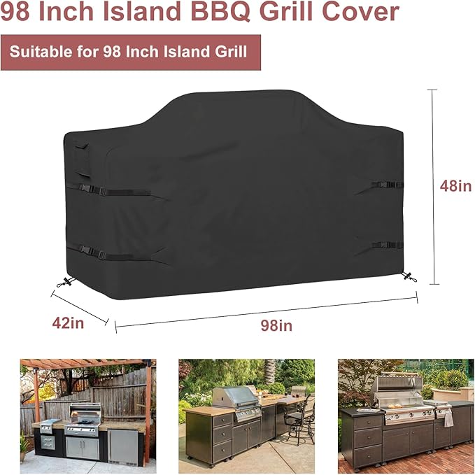 98 Inch Island Grill Cover Kitchen Extra Large Grill Cover Heavy Duty Waterproof 98" L x 42" W x 48" H, Black